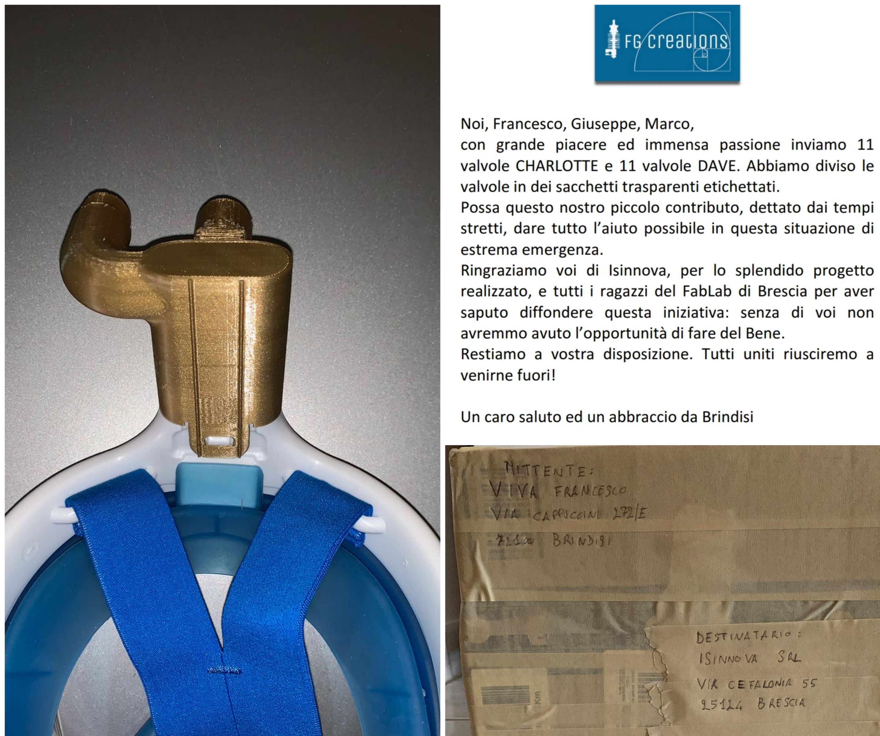 Tre brindisini producono valvole per respiratori e le inviano a Brescia: “Basta una stampante 3D, chi può lo faccia”