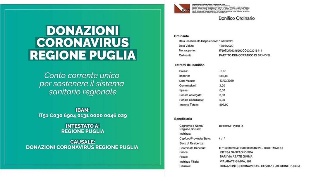 Il PD di Brindisi devolve una somma per l’emergenza Coronavirus
