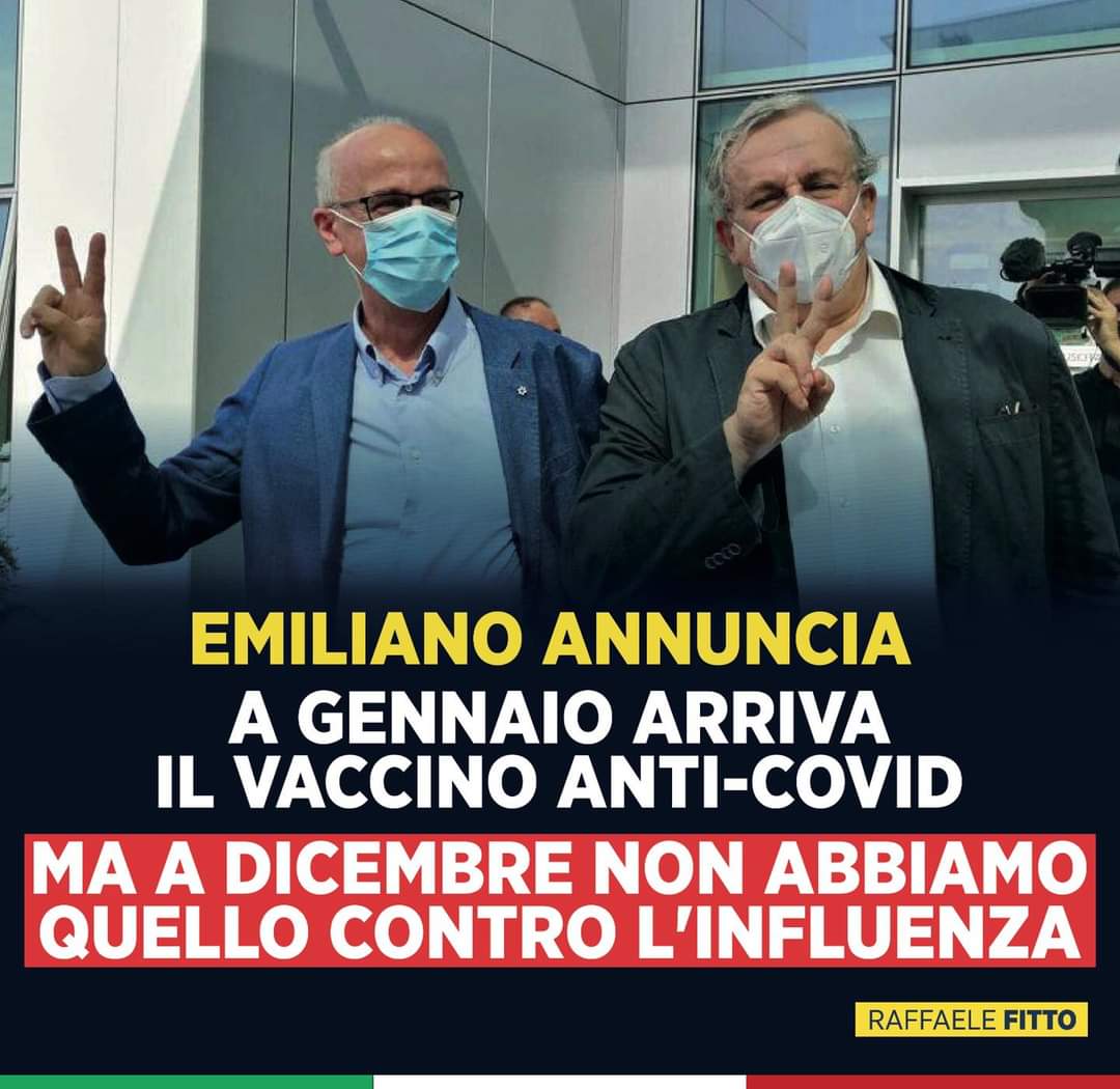 Fitto: “Emiliano annuncia il vaccino anti-Covid per gennaio ma a dicembre manca quello influenzale”